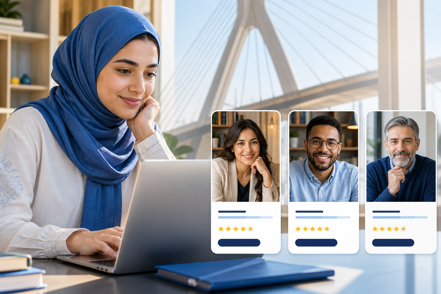 طالبة تقارن ملفات معلمين معتمدين عبر الإنترنت