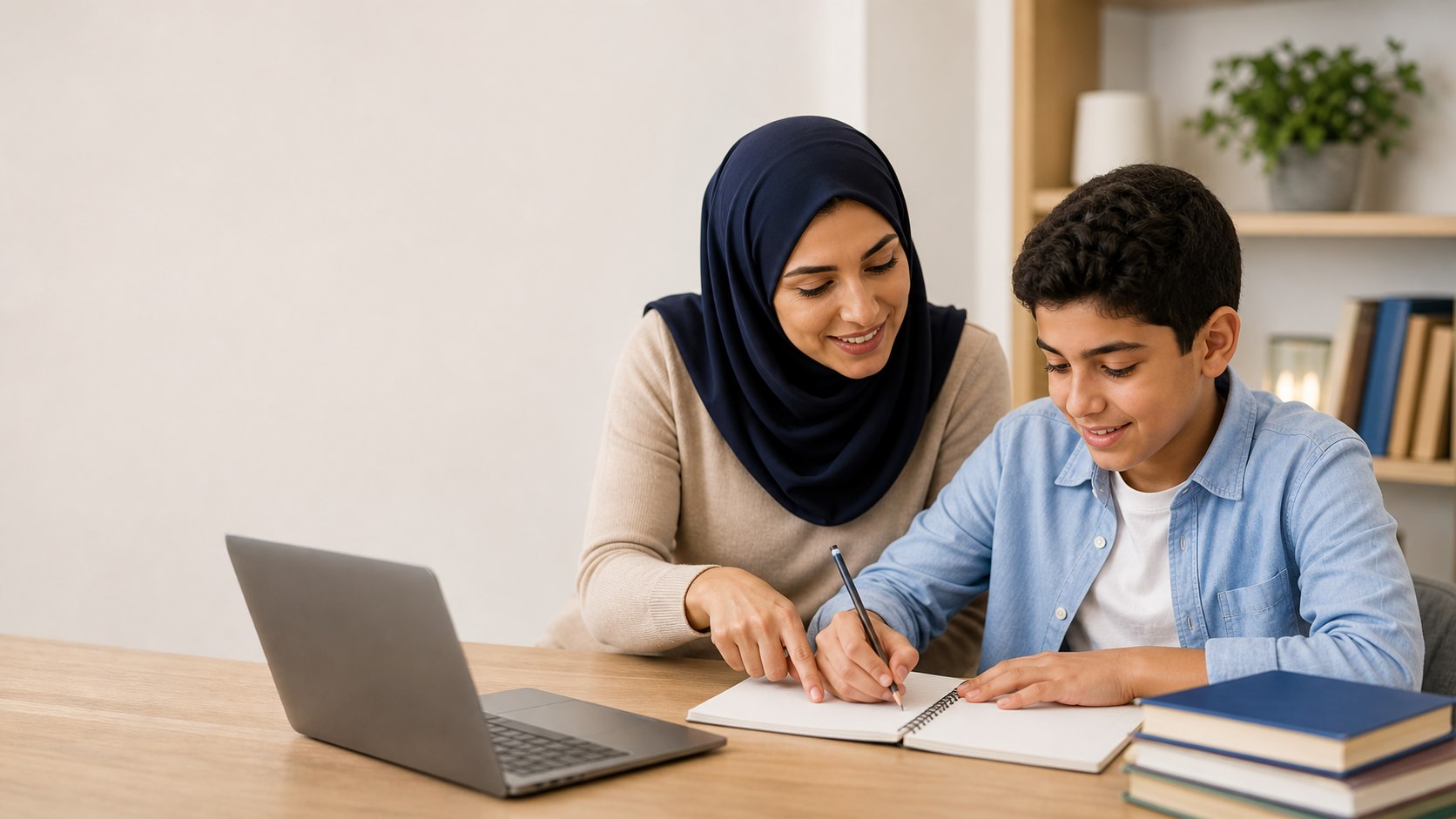 معلمة تساعد طالبًا على التعلم إلى طاولة الدراسة